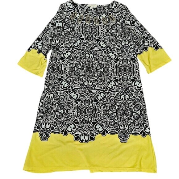 Haani Black & Yellow Printed Dress With Metal Detail Womens 1X - Picture 1 of 7